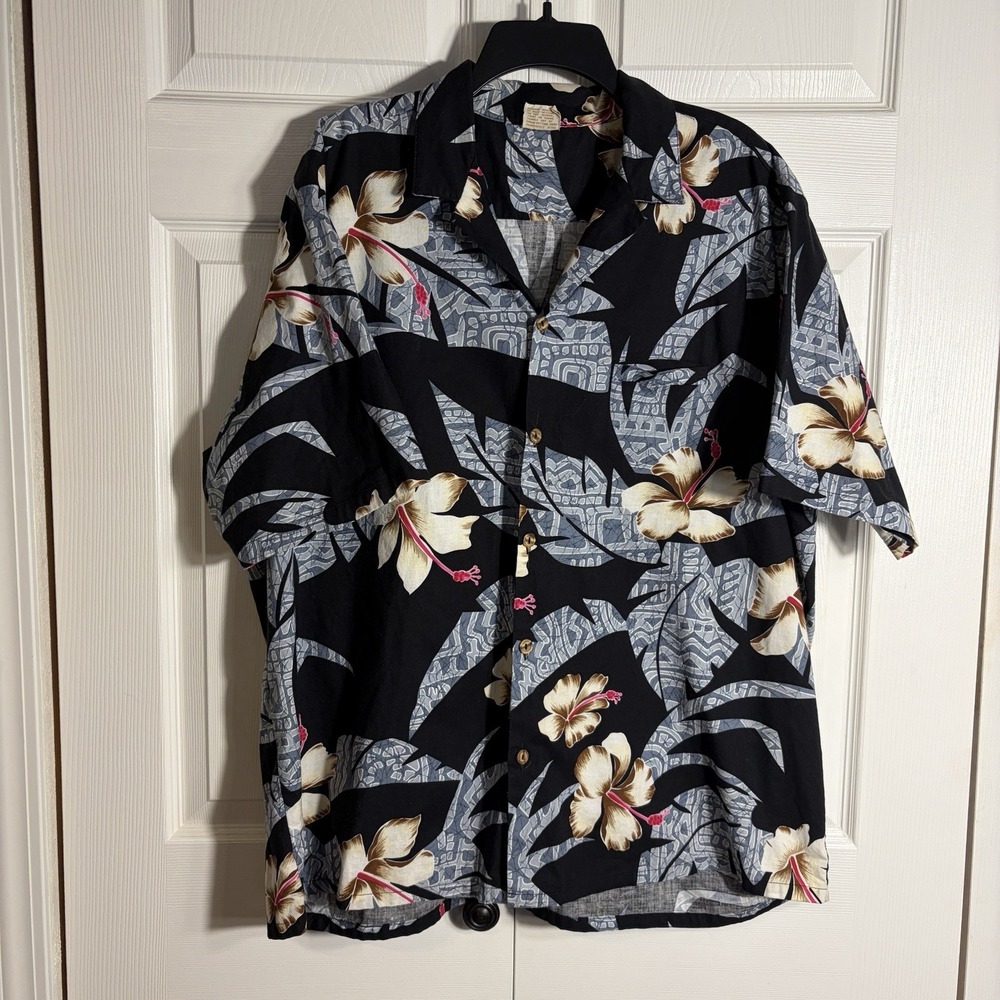 Vintage Barefoot In Paradise Hawaiian Shirt Men XXL Black Blue 70s Tropical USA